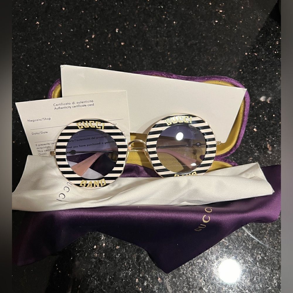Gucci GG0113S 008 Sunglasses Women's Black+White Striped-Gold/Blue Gradient Lens - Picture 4 of 7